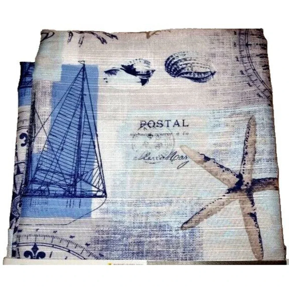 Nautical Postcard Fabric Shower Curtain Sailing Ship Lobster Sealife Blue White